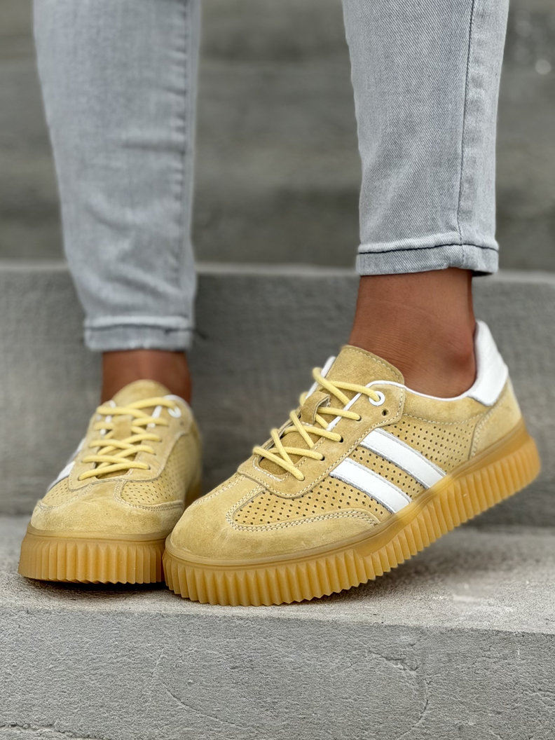 Wygodne trampki SUMMER WALK YELLOW na wyższej podeszwie ze skóry naturalnej - obrazek 8