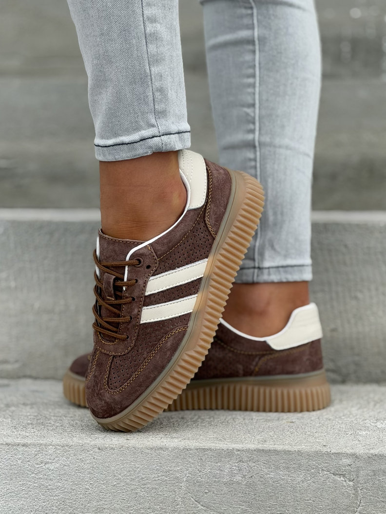 Wygodne trampki SUMMER WALK BRĄZ BEŻ na wyższej podeszwie ze skóry naturalnej - obrazek 5