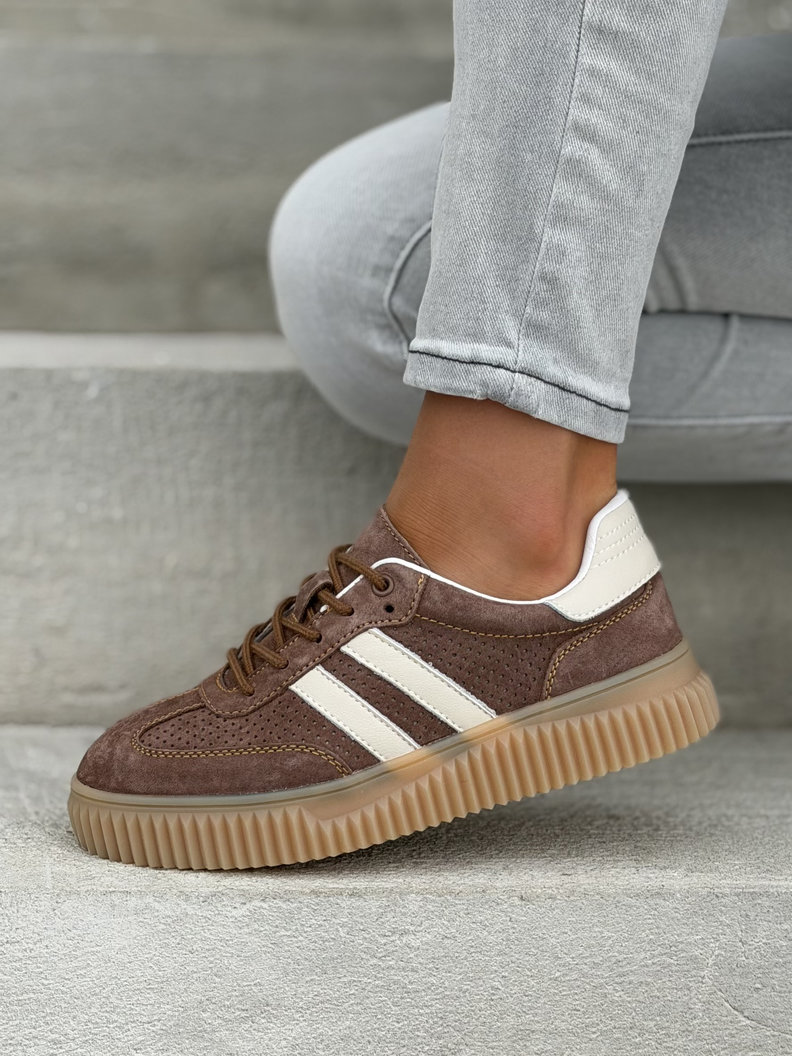 Wygodne trampki SUMMER WALK BRĄZ BEŻ na wyższej podeszwie ze skóry naturalnej - obrazek 6