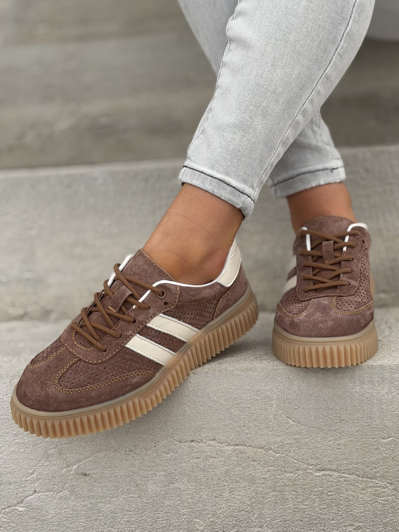 Wygodne trampki SUMMER WALK BRĄZ BEŻ na wyższej podeszwie ze skóry naturalnej - obrazek 3