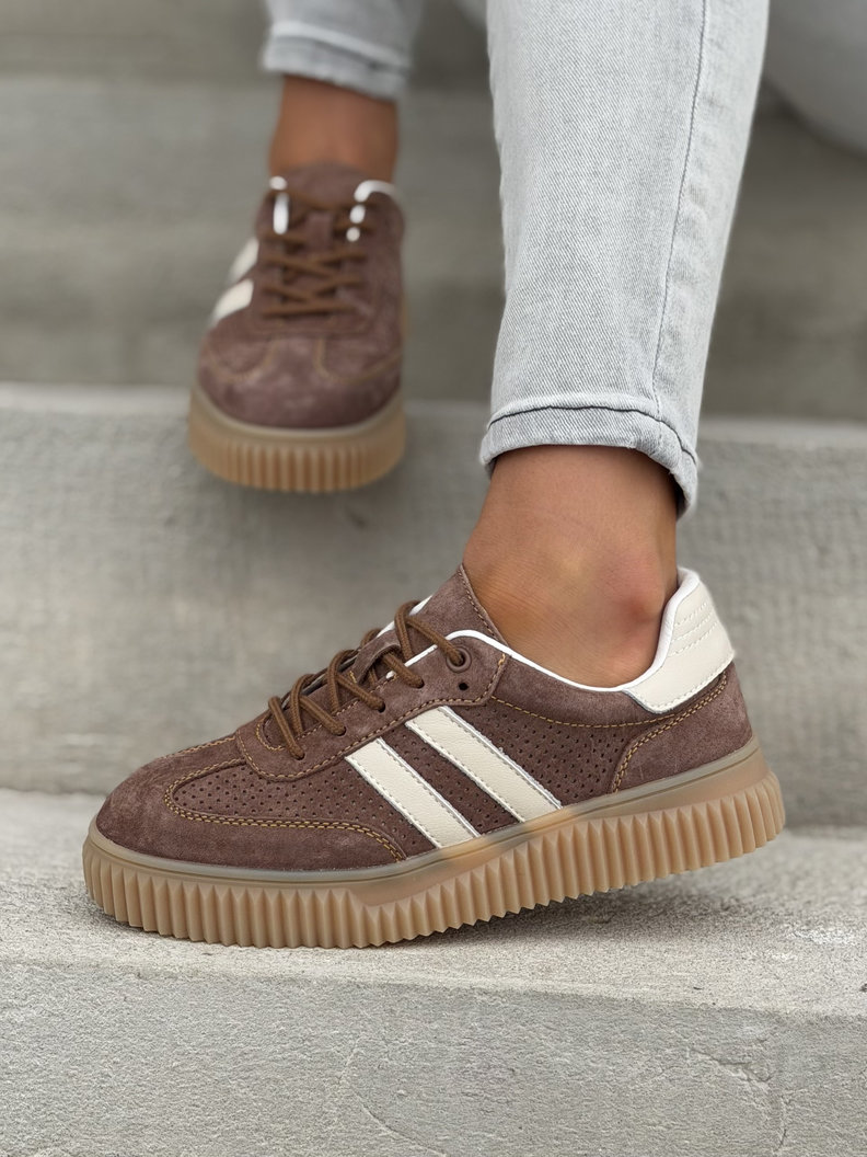 Wygodne trampki SUMMER WALK BRĄZ BEŻ na wyższej podeszwie ze skóry naturalnej