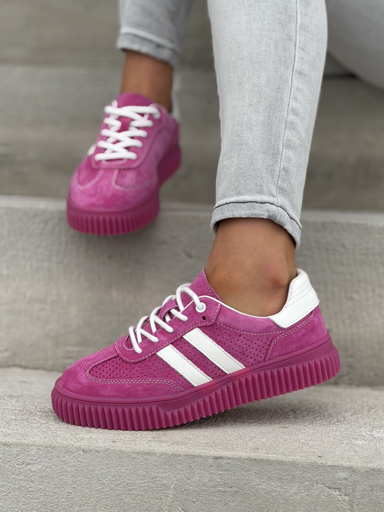 Wygodne trampki SUMMER WALK fuksja na wyższej podeszwie ze skóry naturalnej