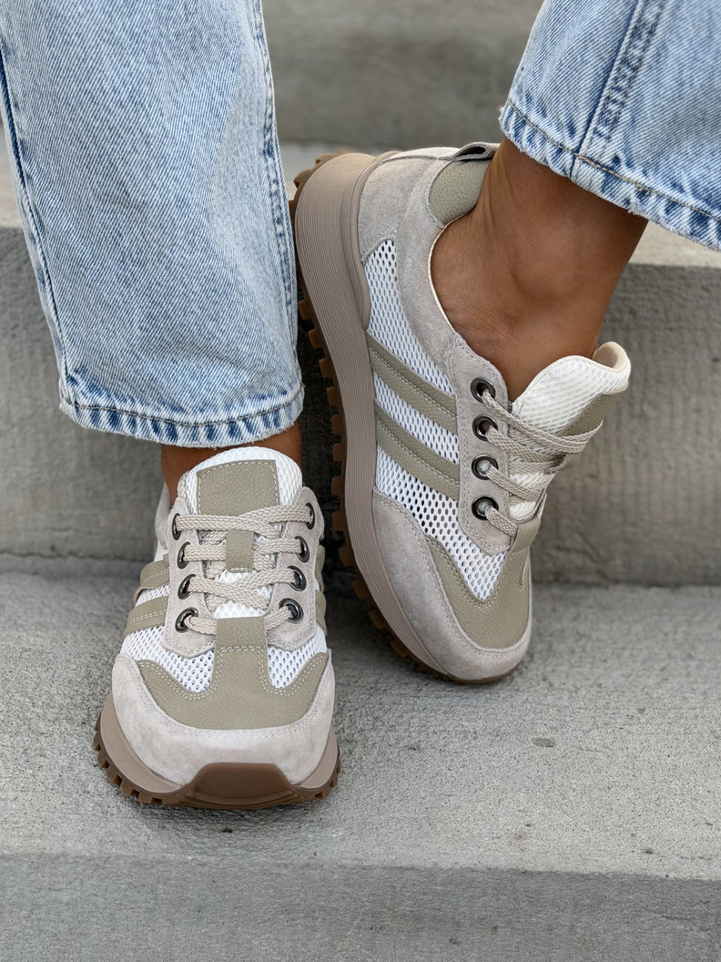 FlyMesh BEIGE sneakersy z siatką bardzo lekkie skóra naturalna - obrazek 4