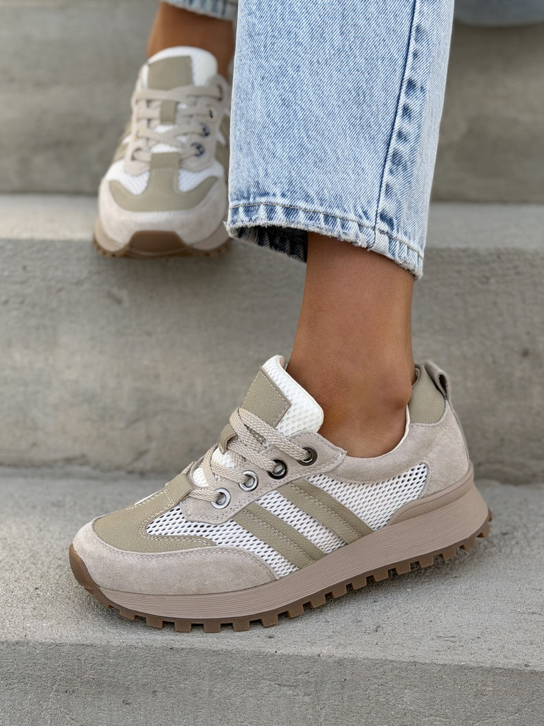 FlyMesh BEIGE sneakersy z siatką bardzo lekkie skóra naturalna - obrazek 3