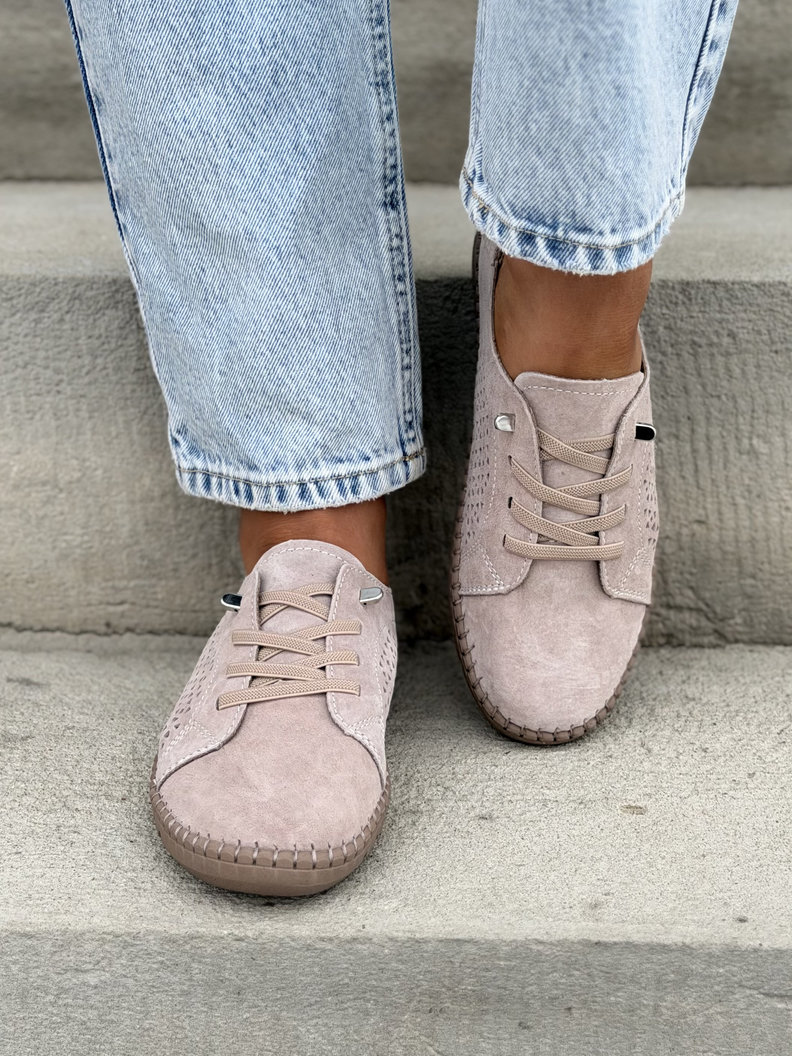 Lekkie ażurowe półbuty OLLIE PUDROWY BEŻ skóra naturalna - obrazek 5