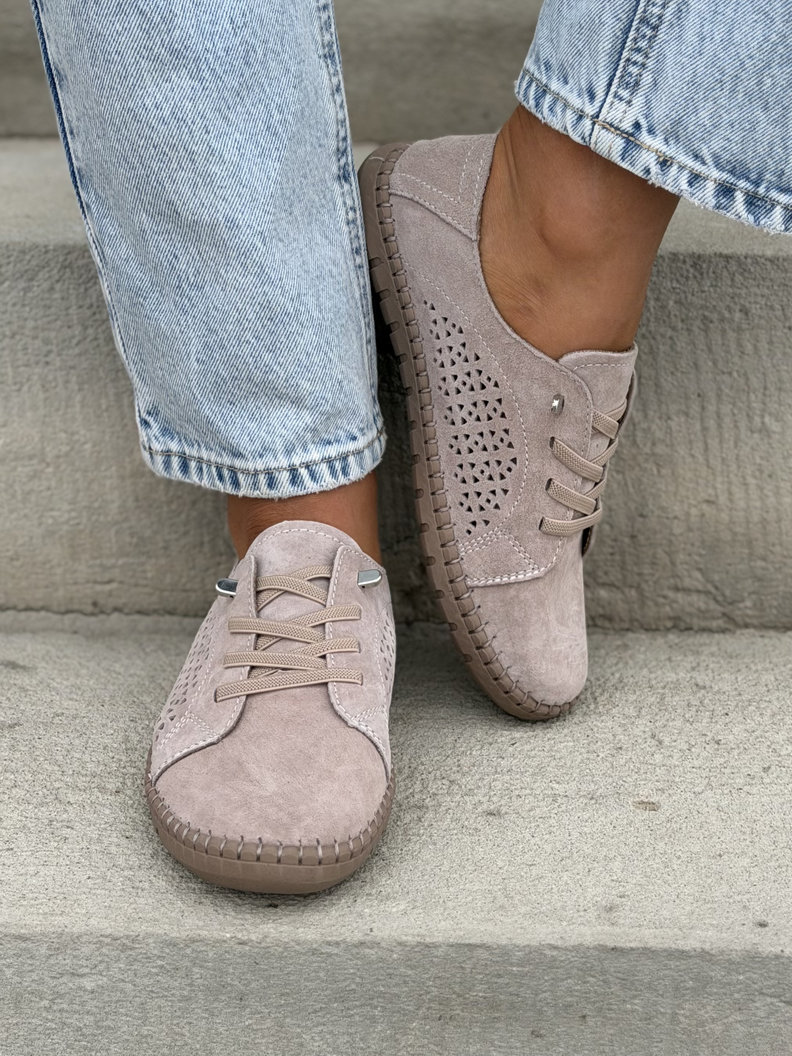 Lekkie ażurowe półbuty OLLIE PUDROWY BEŻ skóra naturalna - obrazek 6