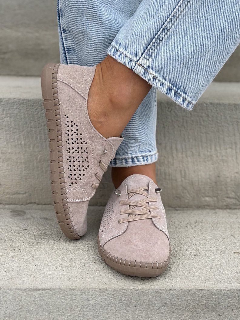 Lekkie ażurowe półbuty OLLIE PUDROWY BEŻ skóra naturalna - obrazek 7