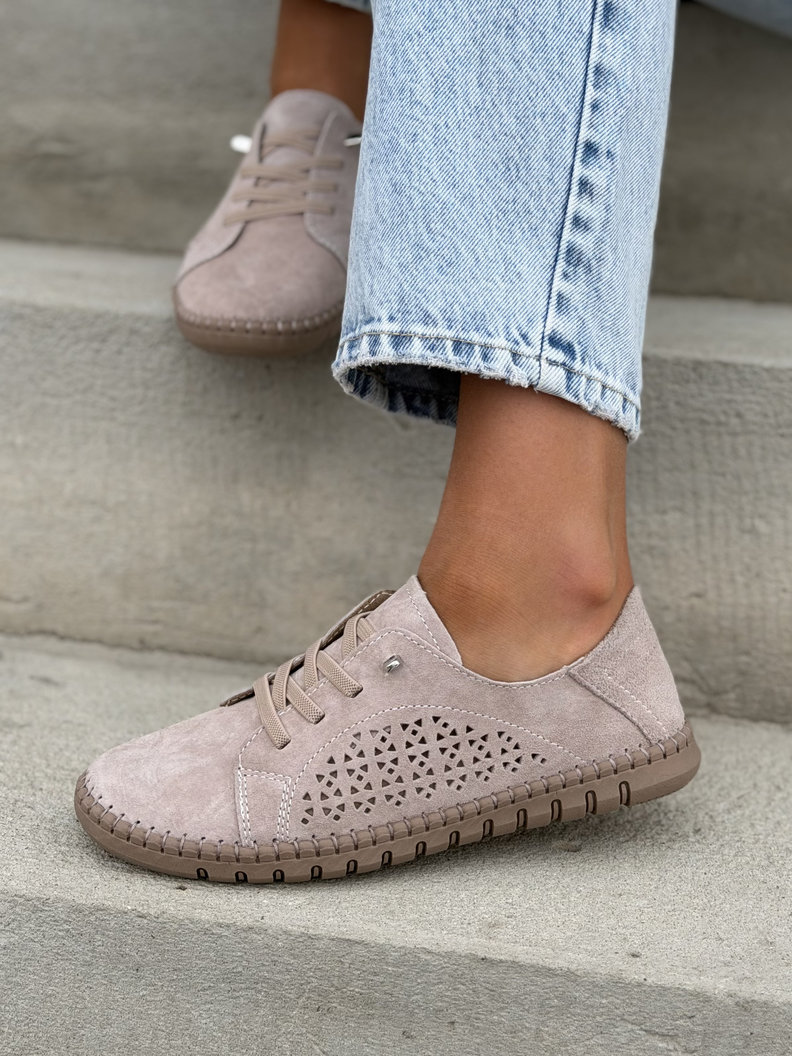 Lekkie ażurowe półbuty OLLIE PUDROWY BEŻ skóra naturalna - obrazek 4
