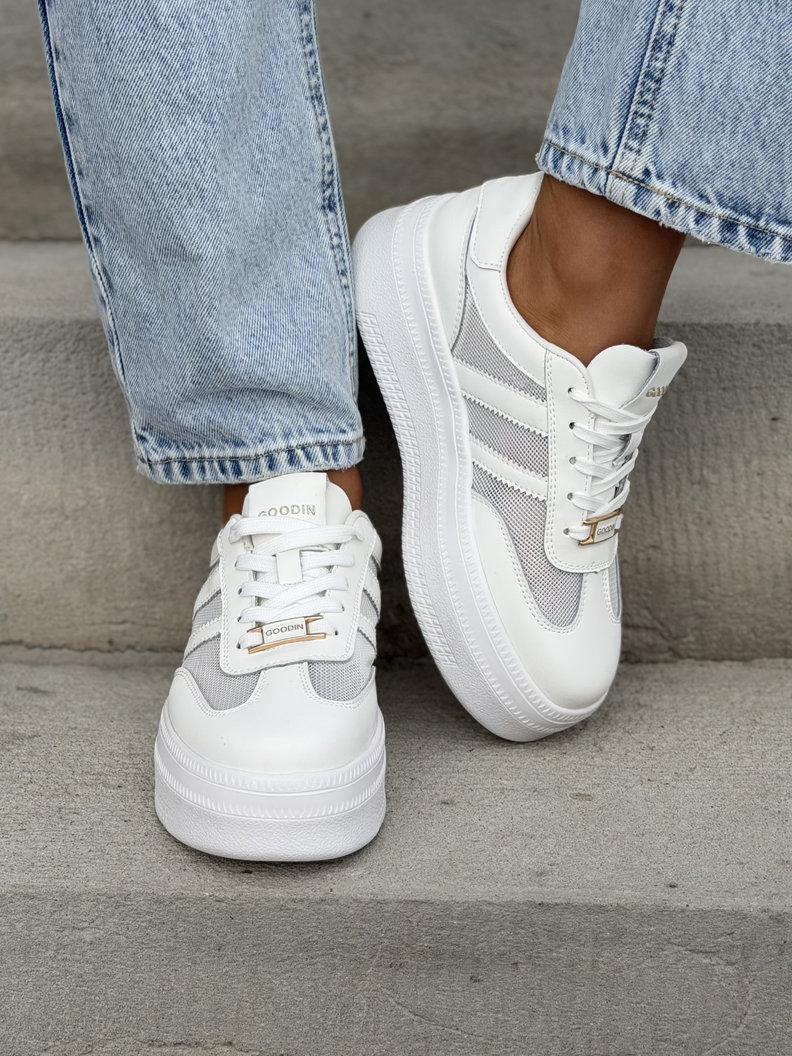 Mega lekkie trampki ELIES WHITE na wyższej podeszwie skóra naturalna - obrazek 4