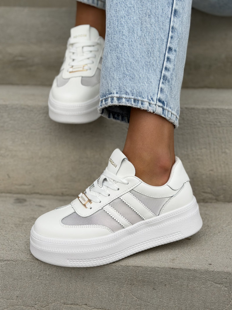 Mega lekkie trampki ELIES WHITE na wyższej podeszwie skóra naturalna