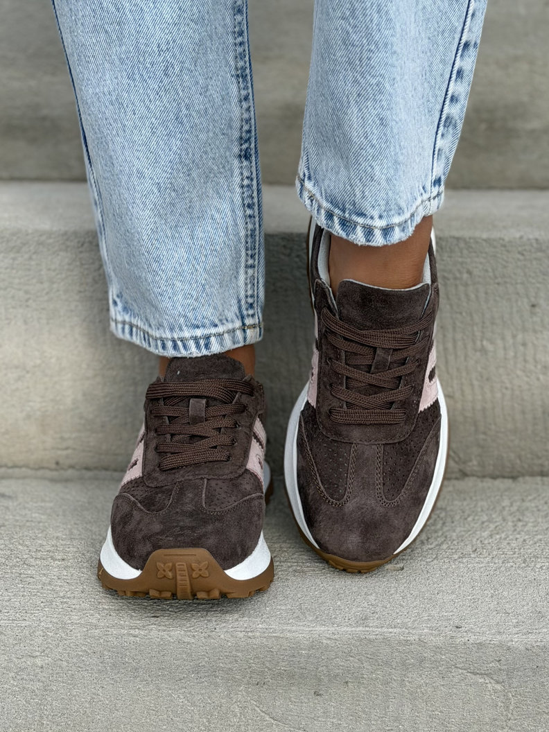 ULTRALEKKIE sneakersy LORET COFFE PINK na wyższej podeszwie skóra naturalna - obrazek 3