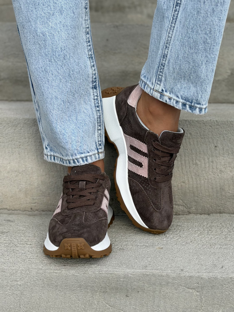 ULTRALEKKIE sneakersy LORET COFFE PINK na wyższej podeszwie skóra naturalna - obrazek 4