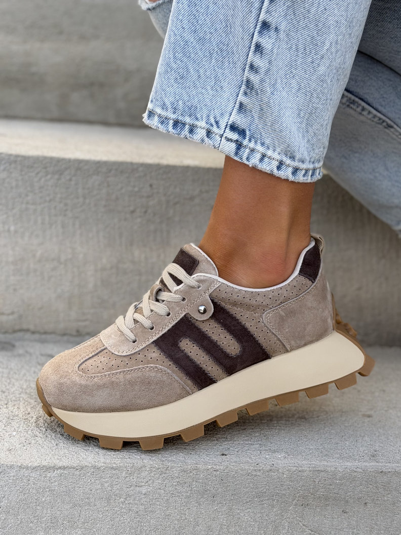 Ultralekkie sneakersy MONTANO BEIGE BROWN na wyższej podeszwie skóra naturalna