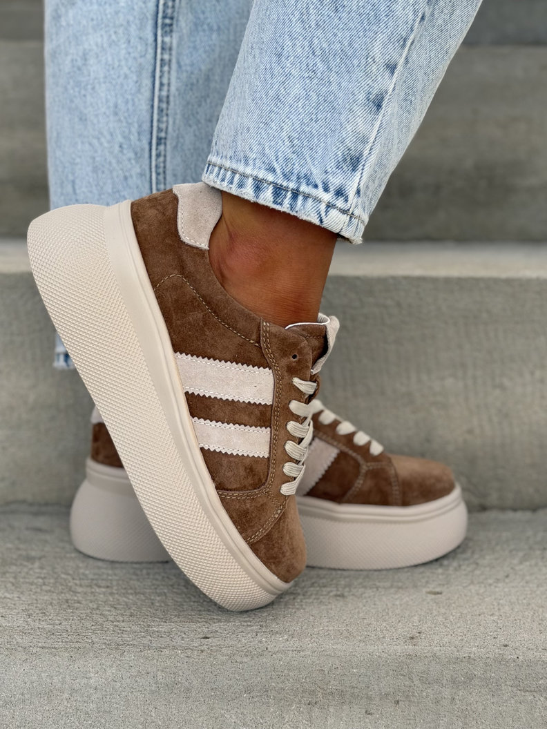 LEKKIE TRAMPKI VIRETTI BROWN BEIGE wyższa podeszwa skóra naturalna - obrazek 7