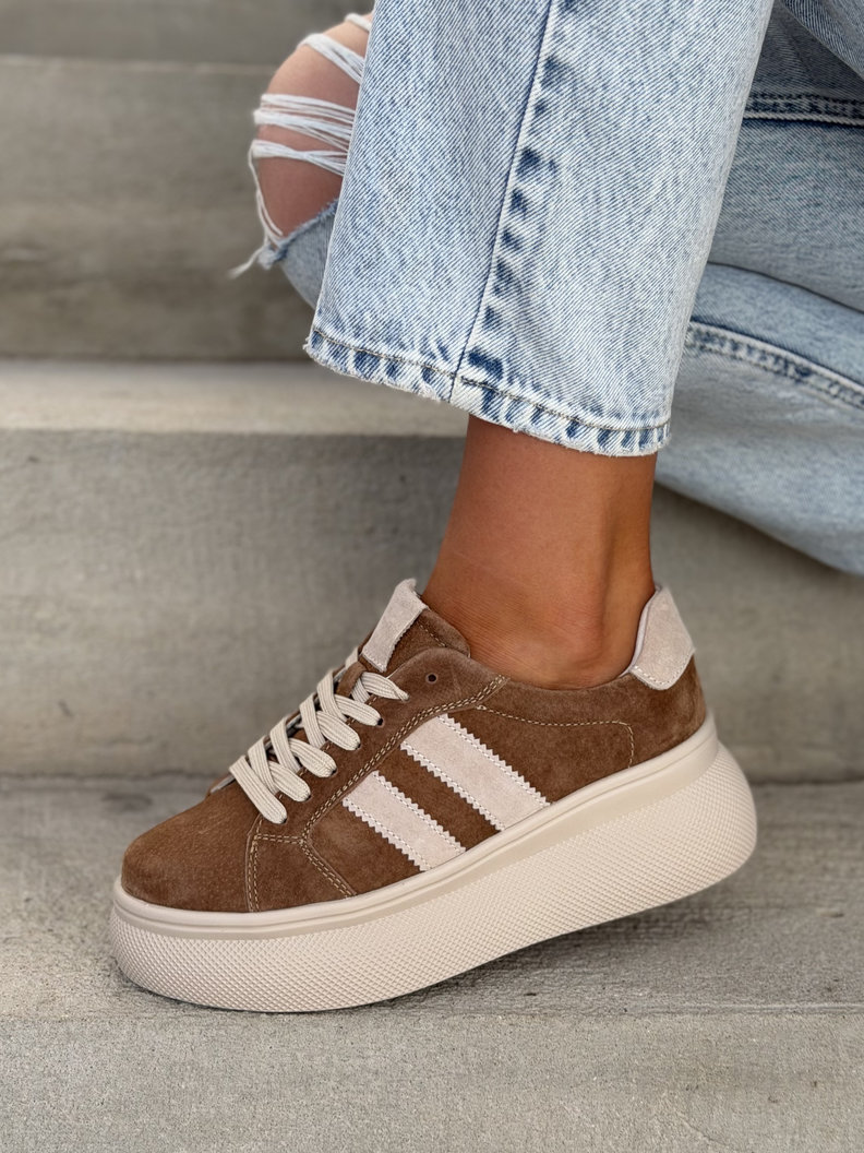 LEKKIE TRAMPKI VIRETTI BROWN BEIGE wyższa podeszwa skóra naturalna - obrazek 5