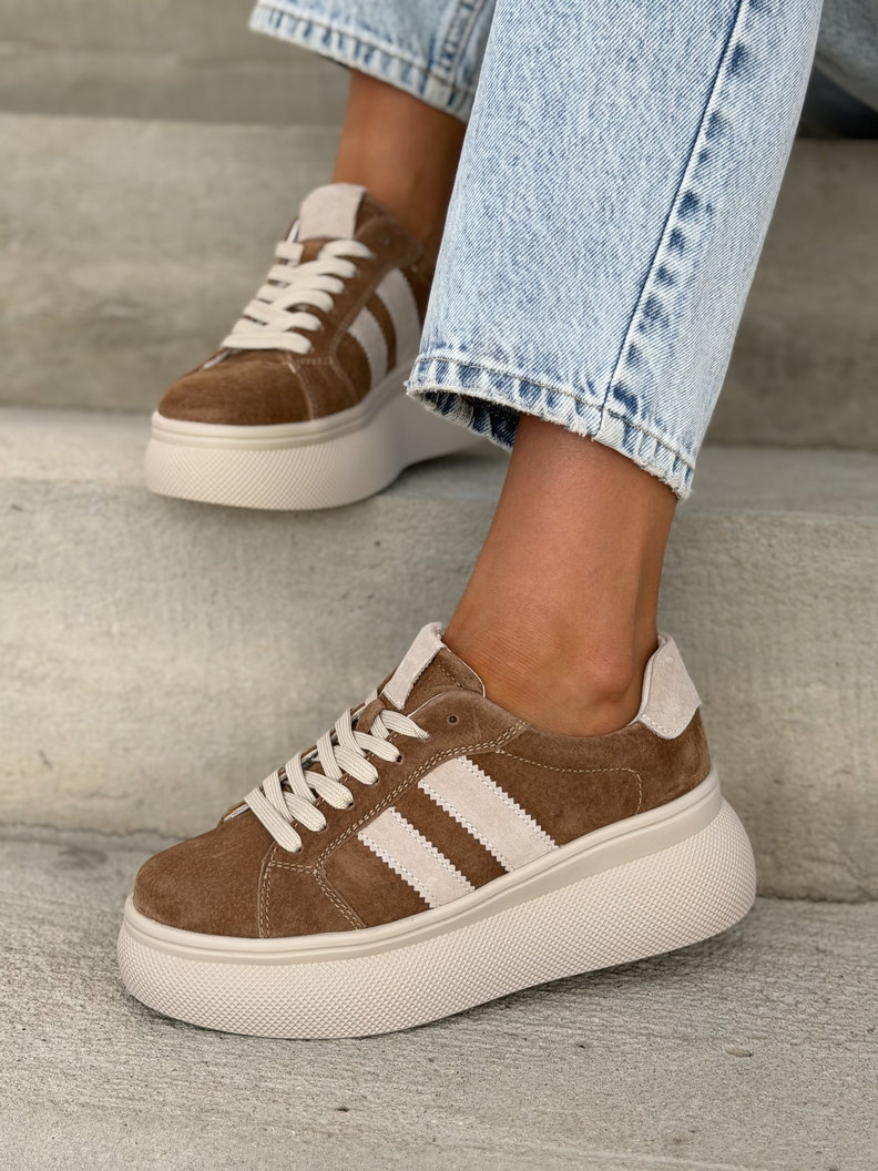 LEKKIE TRAMPKI VIRETTI BROWN BEIGE wyższa podeszwa skóra naturalna