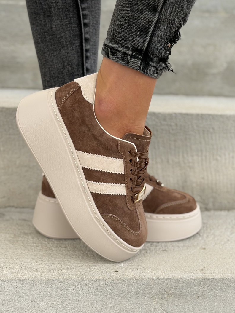 Lekkie trampki BELLANTE BROWN BEIGE na wyższej podeszwie skóra naturalna - obrazek 6
