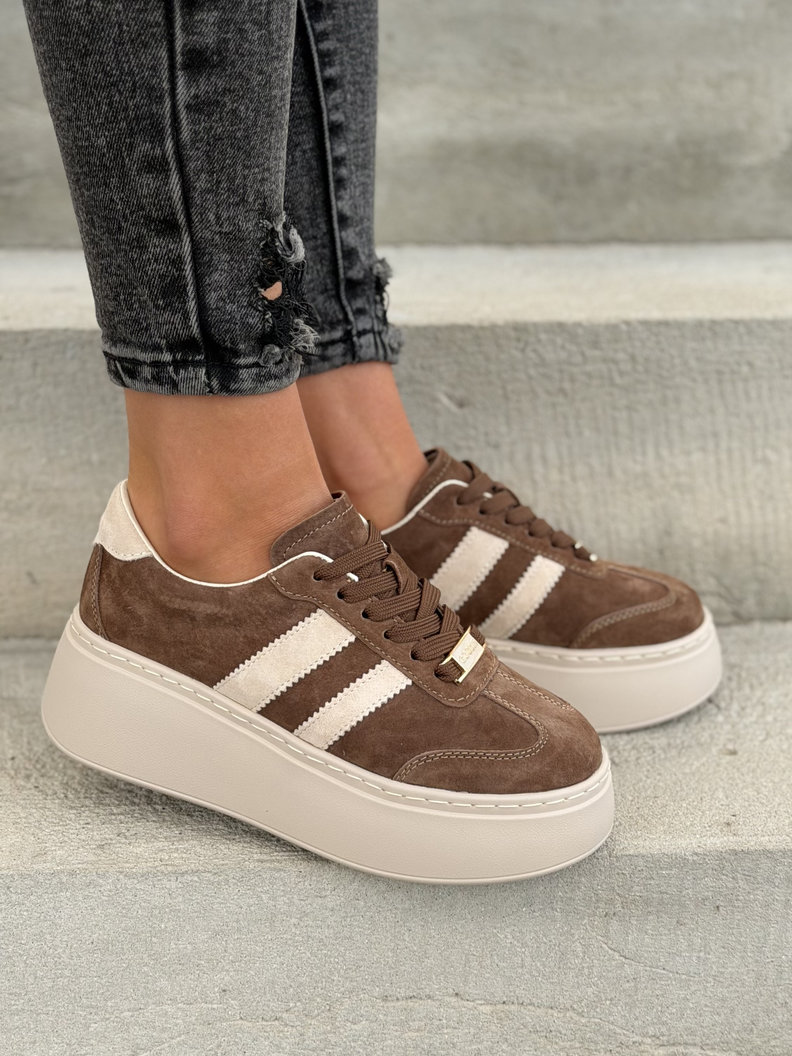 Lekkie trampki BELLANTE BROWN BEIGE na wyższej podeszwie skóra naturalna