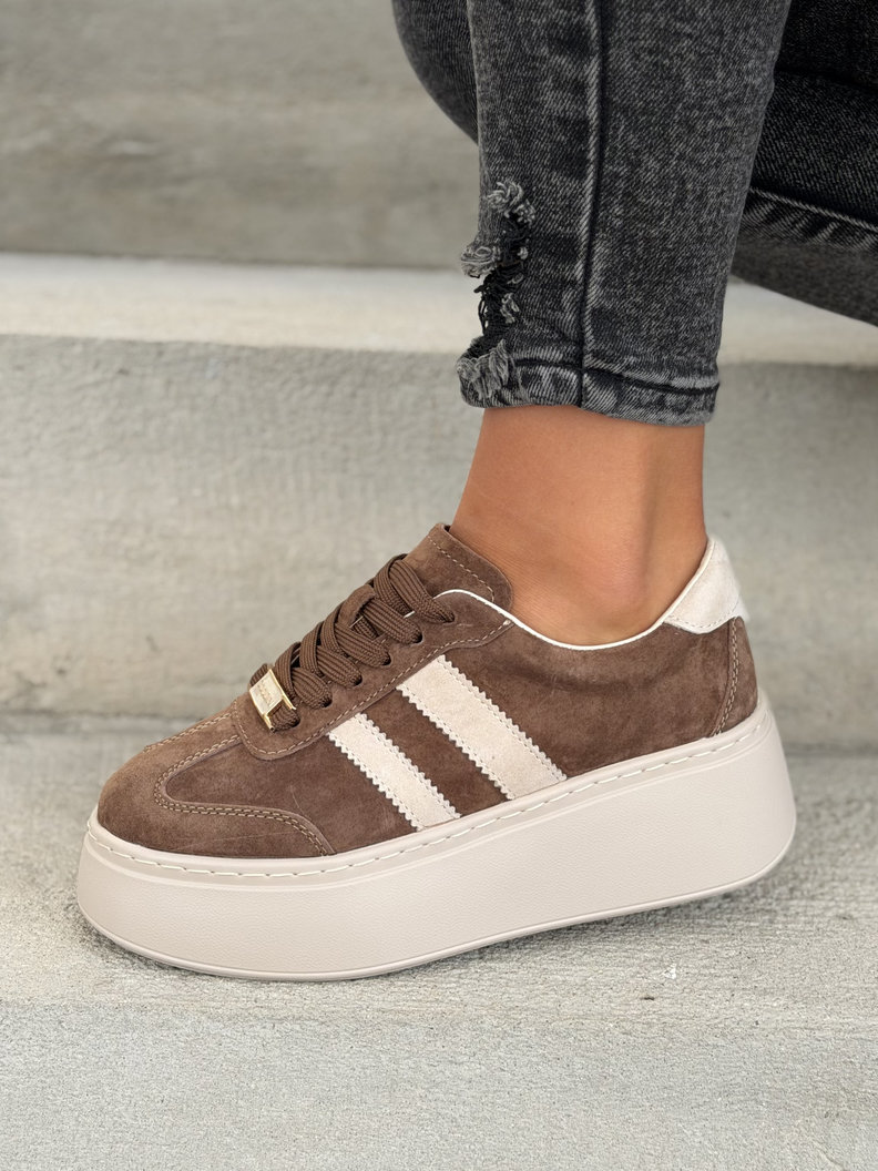 Lekkie trampki BELLANTE BROWN BEIGE na wyższej podeszwie skóra naturalna - obrazek 7