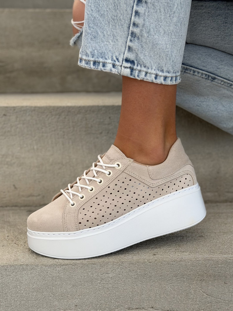 Trampki na wyższej podeszwie ESTRA BEIGE skóra naturalna