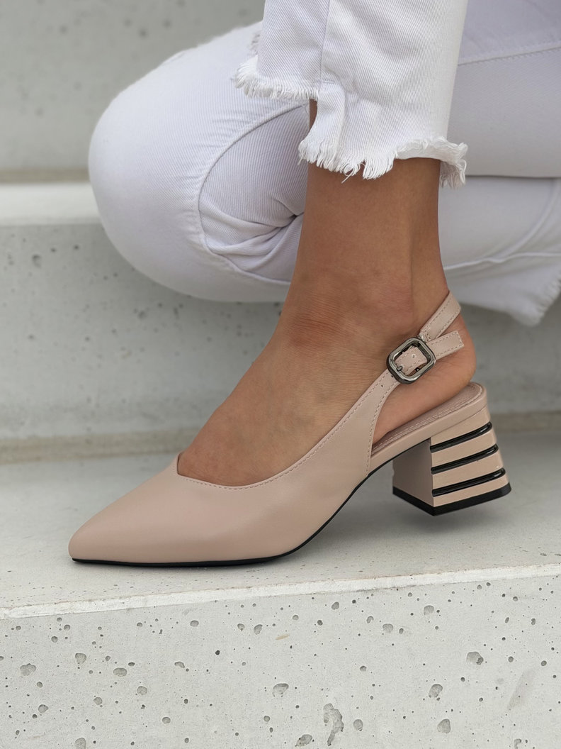 Czółenka z odkrytą piętą na słupku 5 cm ALESSIA beżowe - obrazek 4
