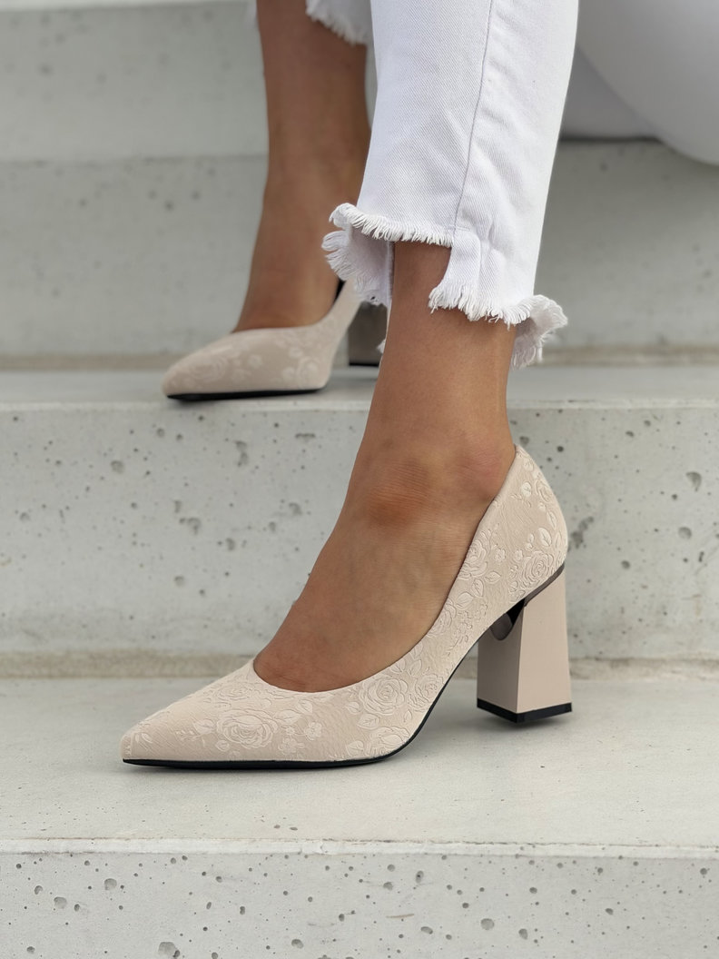 Eleganckie czółenka damskie szpic na słupku 7 cm BEATRICE beige - obrazek 5