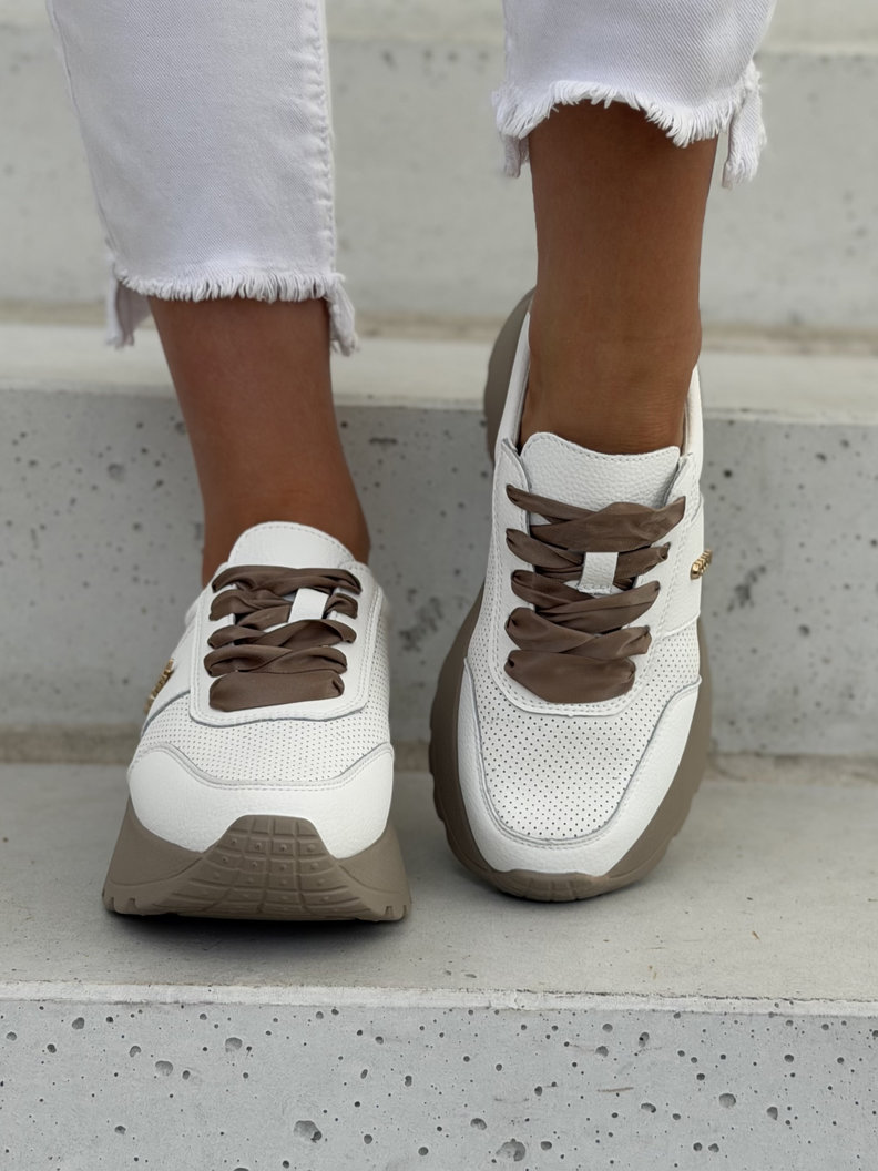 Lekkie jak piórko sneakersy LAVENA WHITE BEIGE na wyższej podeszwie skóra naturalna - obrazek 4
