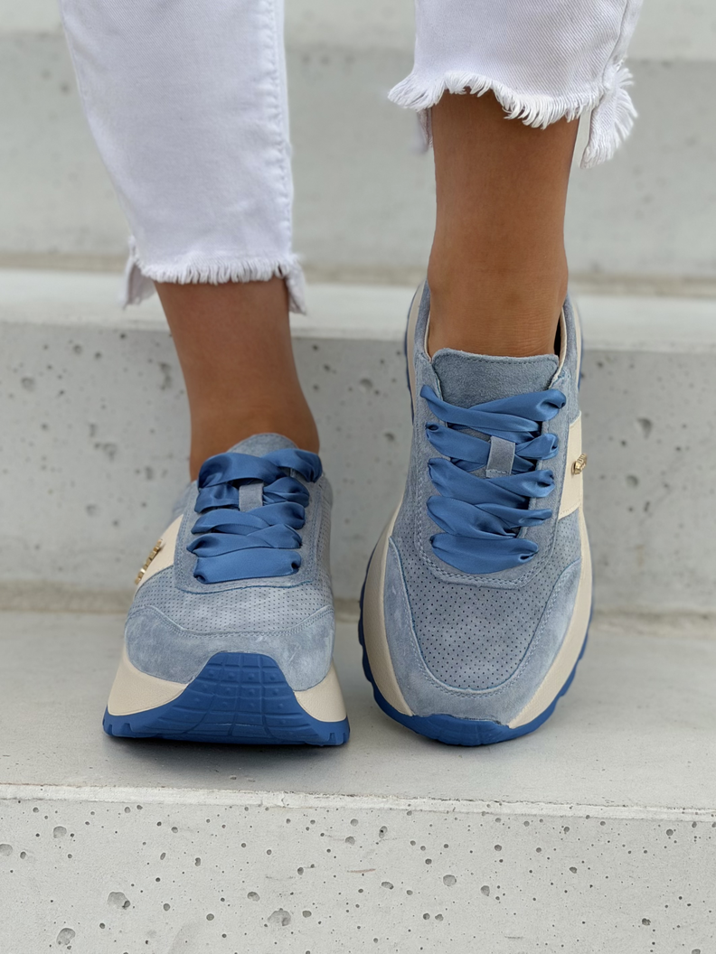 Lekkie jak piórko sneakersy LAVENA BLUE na wyższej podeszwie skóra naturalna - obrazek 4