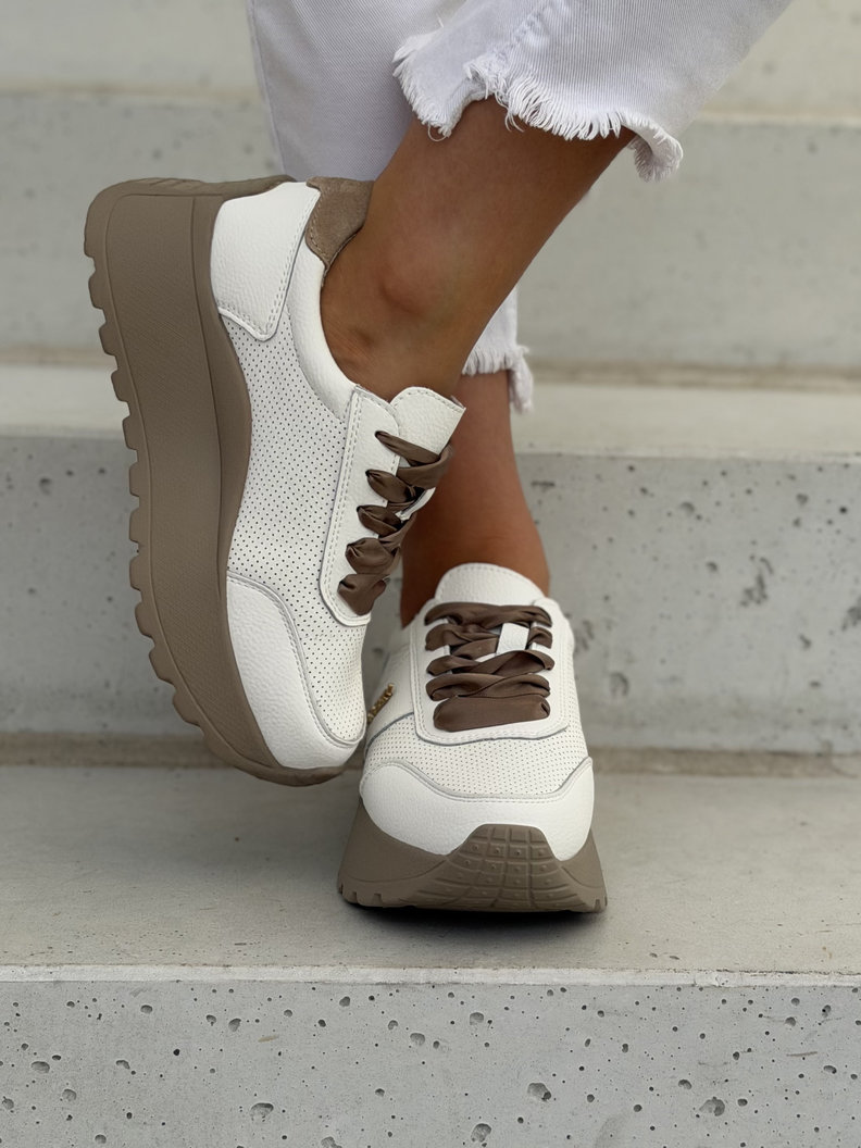Lekkie jak piórko sneakersy LAVENA WHITE BEIGE na wyższej podeszwie skóra naturalna - obrazek 5