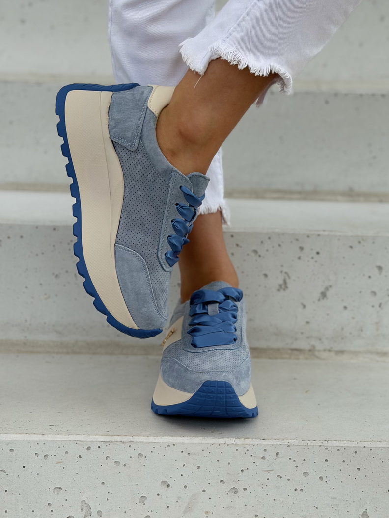 Lekkie jak piórko sneakersy LAVENA BLUE na wyższej podeszwie skóra naturalna - obrazek 5