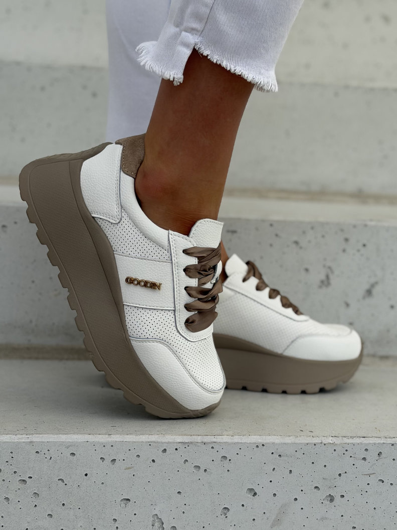 Lekkie jak piórko sneakersy LAVENA WHITE BEIGE na wyższej podeszwie skóra naturalna - obrazek 6