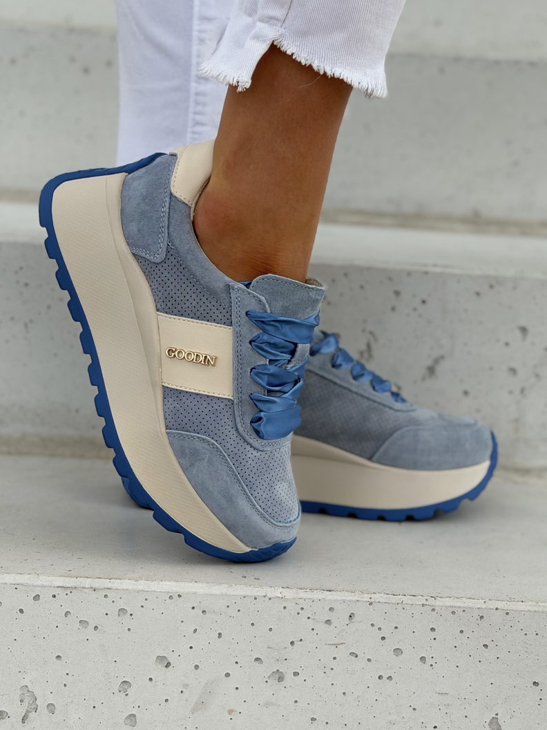 Lekkie jak piórko sneakersy LAVENA BLUE na wyższej podeszwie skóra naturalna - obrazek 7