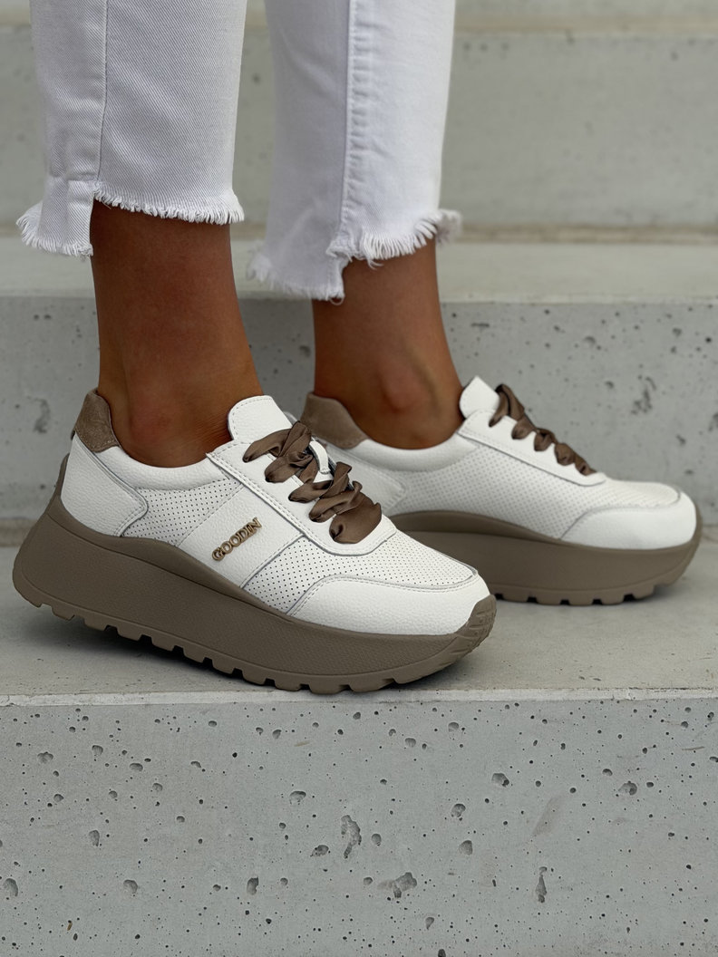Lekkie jak piórko sneakersy LAVENA WHITE BEIGE na wyższej podeszwie skóra naturalna - obrazek 7