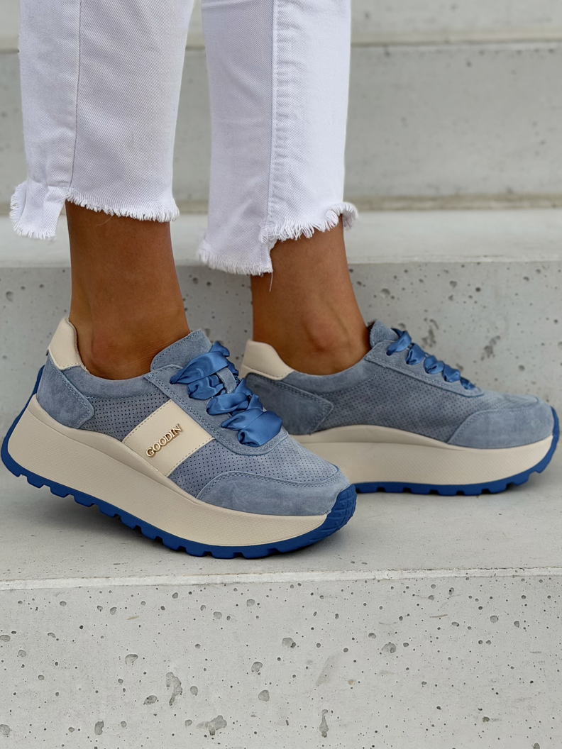 Lekkie jak piórko sneakersy LAVENA BLUE na wyższej podeszwie skóra naturalna - obrazek 6