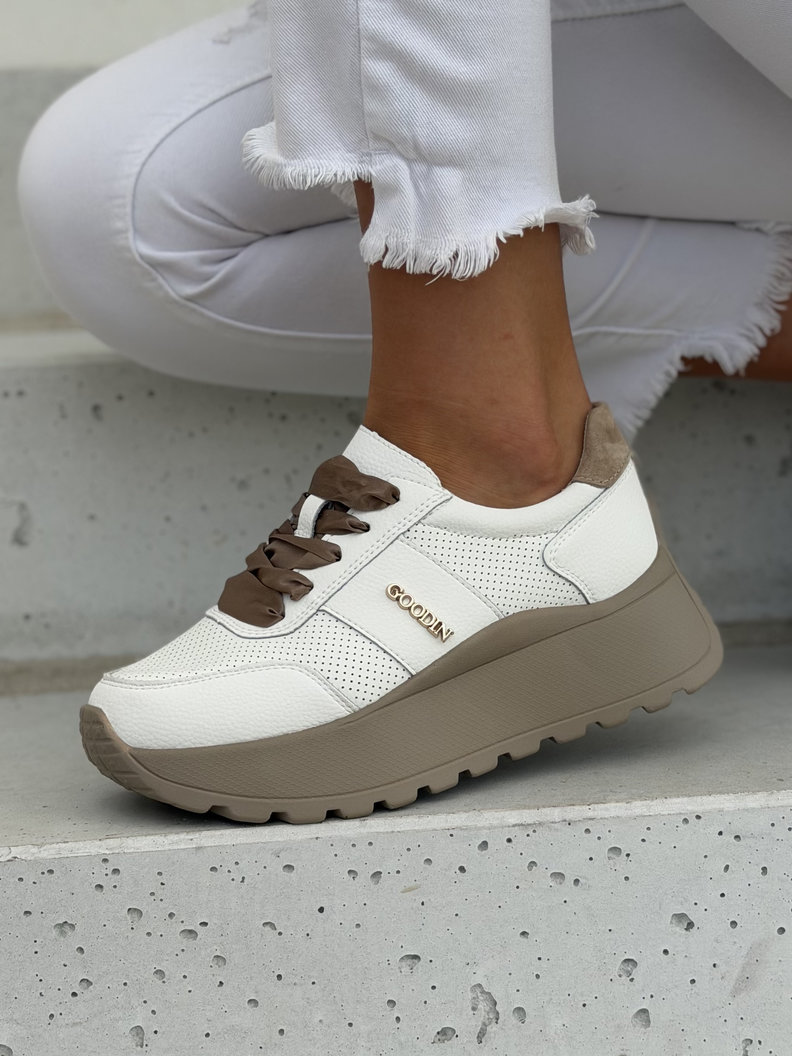 Lekkie jak piórko sneakersy LAVENA WHITE BEIGE na wyższej podeszwie skóra naturalna
