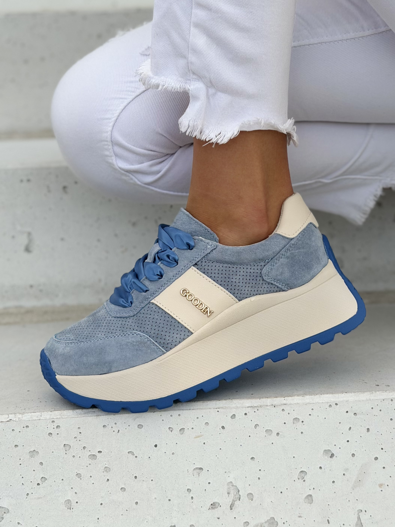 Lekkie jak piórko sneakersy LAVENA BLUE na wyższej podeszwie skóra naturalna