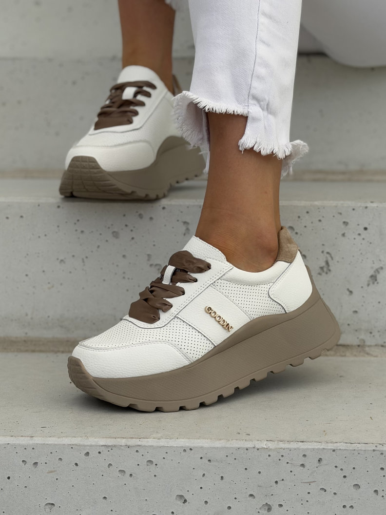 Lekkie jak piórko sneakersy LAVENA WHITE BEIGE na wyższej podeszwie skóra naturalna - obrazek 3