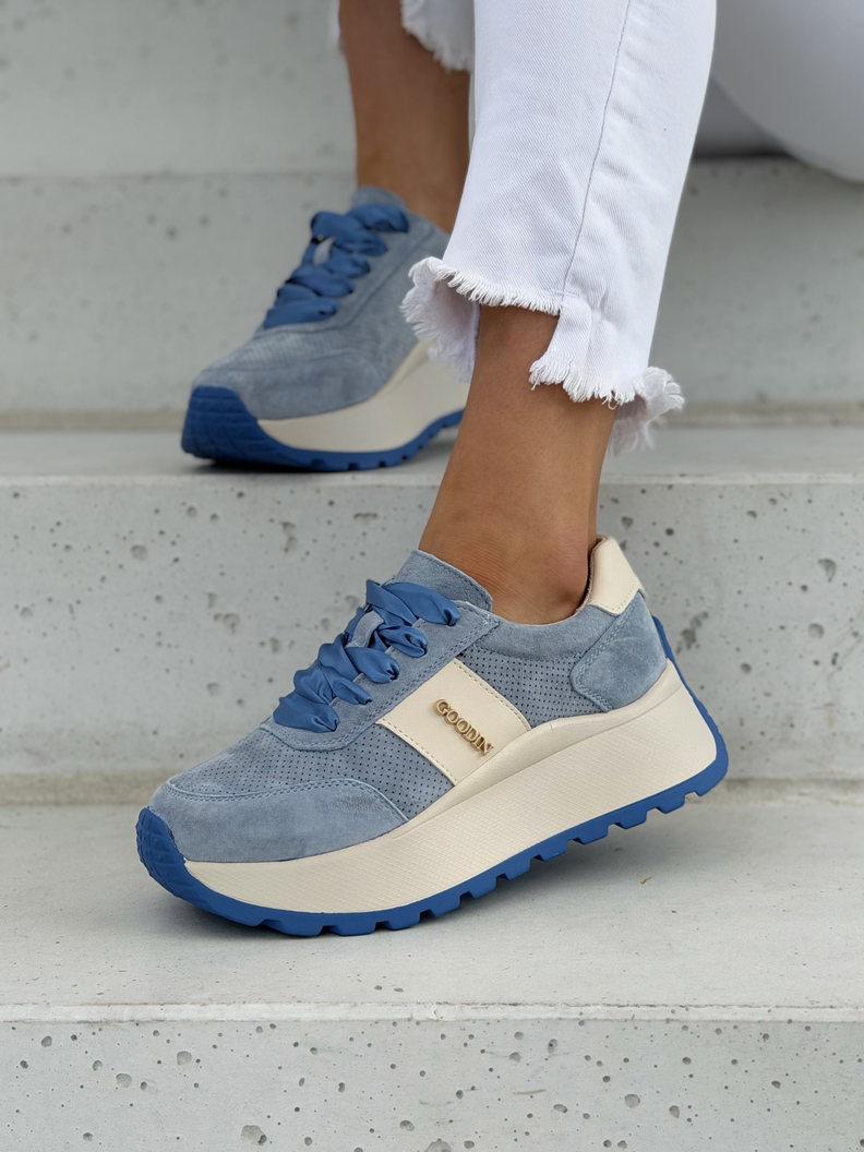 Lekkie jak piórko sneakersy LAVENA BLUE na wyższej podeszwie skóra naturalna - obrazek 3