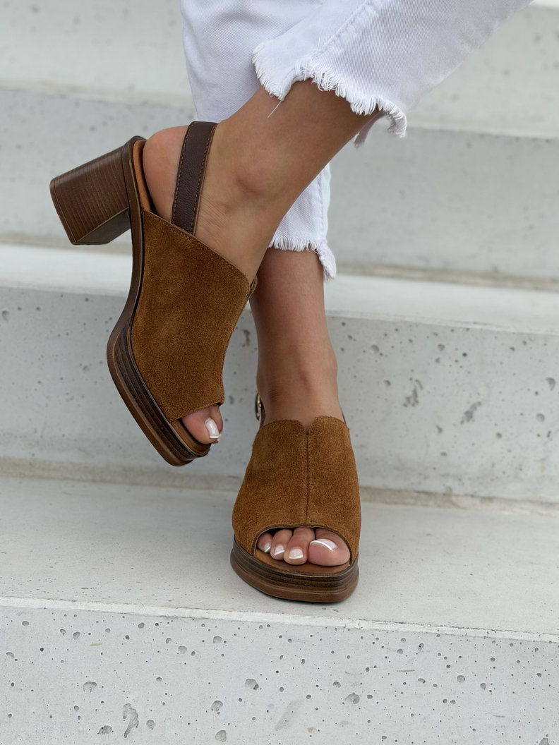 Sandały damskie skórzane na słupku 6 cm platforma ISADORA camel brąz - obrazek 6