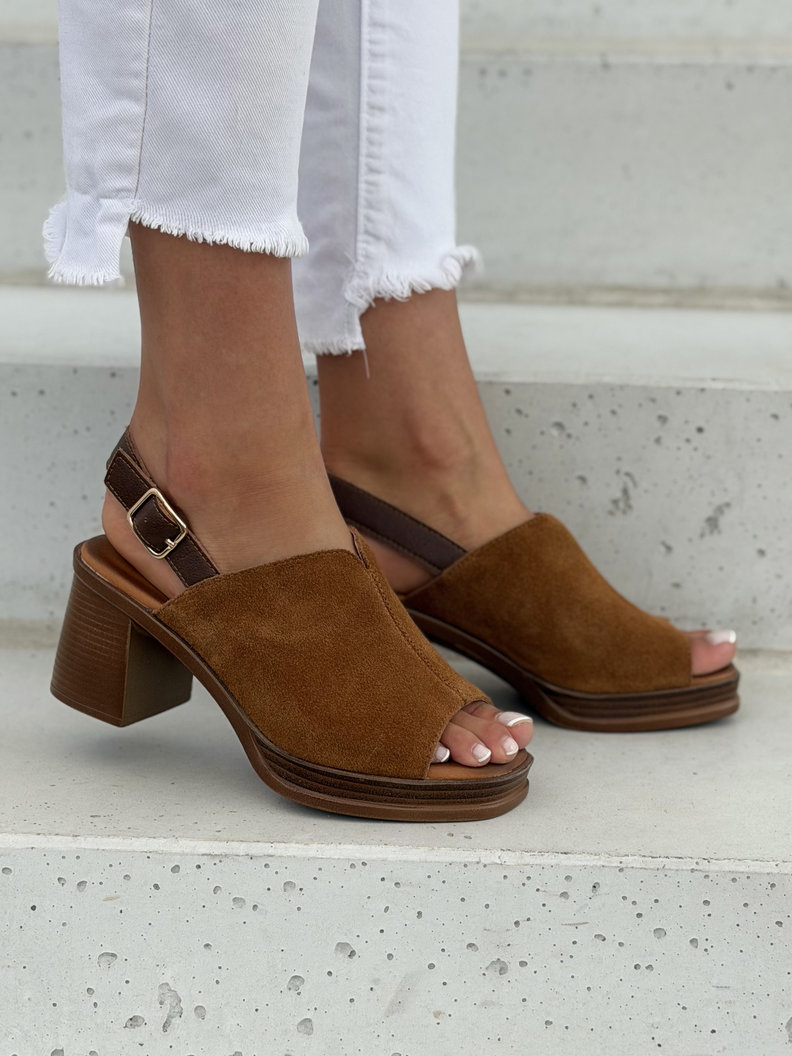 Sandały damskie skórzane na słupku 6 cm platforma ISADORA camel brąz - obrazek 3