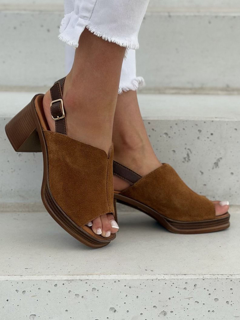 Sandały damskie skórzane na słupku 6 cm platforma ISADORA camel brąz - obrazek 4