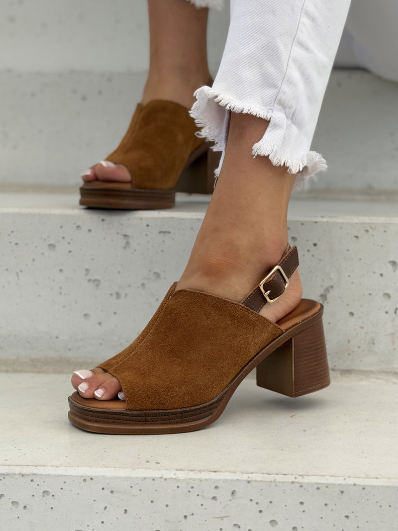 Sandały damskie skórzane na słupku 6 cm platforma ISADORA camel brąz - obrazek 5