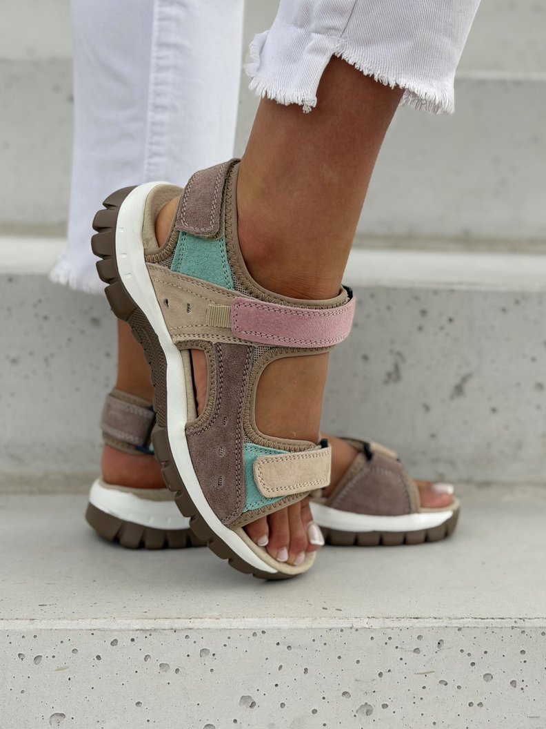 Skórzane sandały damskie trekkingowe na rzepy MONTANA beige pink - obrazek 4
