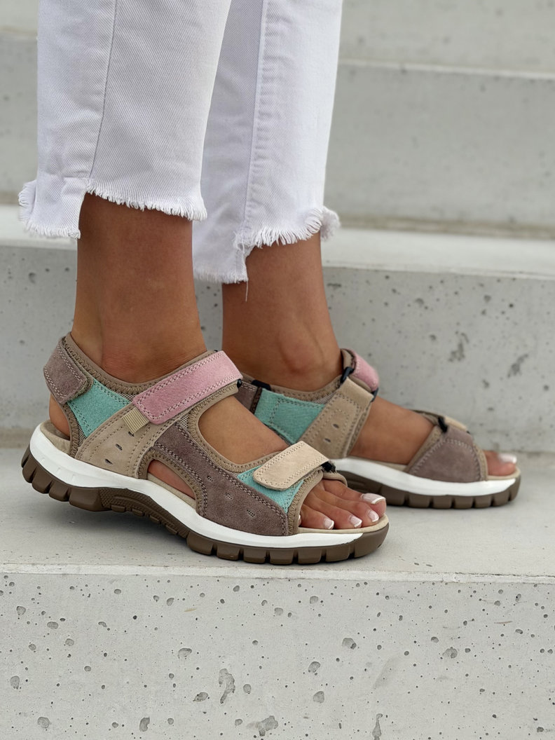 Skórzane sandały damskie trekkingowe na rzepy MONTANA beige pink - obrazek 5