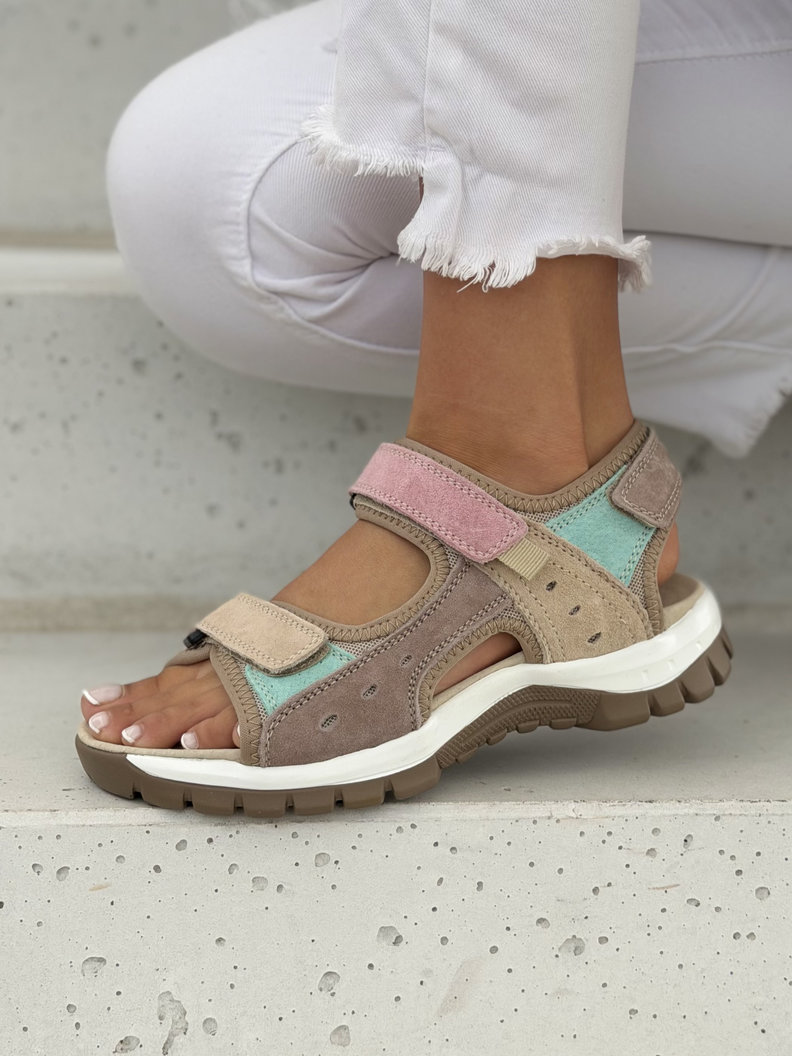 Skórzane sandały damskie trekkingowe na rzepy MONTANA beige pink - obrazek 6