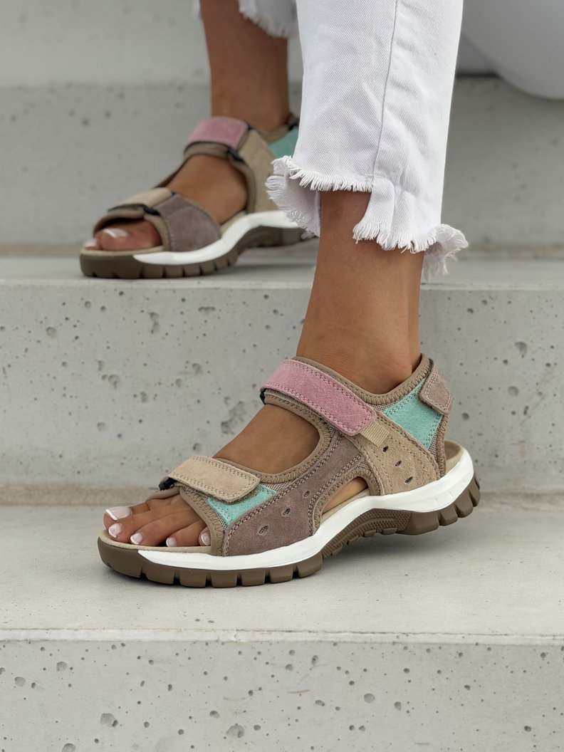 Skórzane sandały damskie trekkingowe na rzepy MONTANA beige pink - obrazek 7