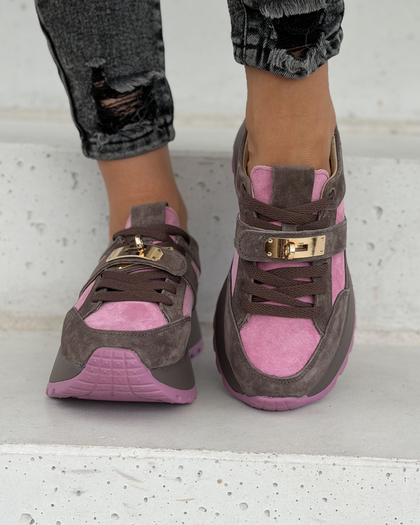 Sneakersy damskie Monéa brąz fuksja z ozdobną klamrą skóra naturalna - obrazek 9