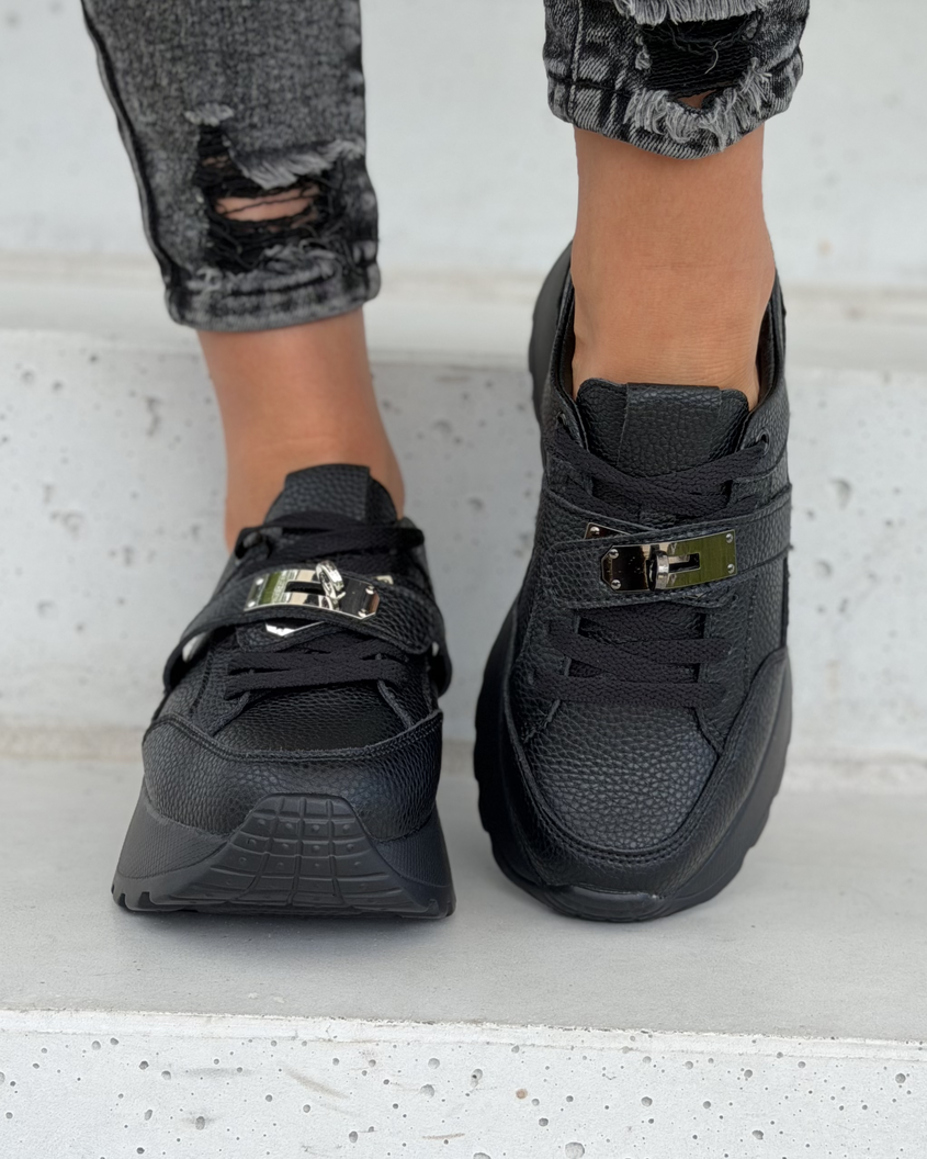 Sneakersy damskie Monéa czarne z ozdobną klamrą skóra naturalna - obrazek 10