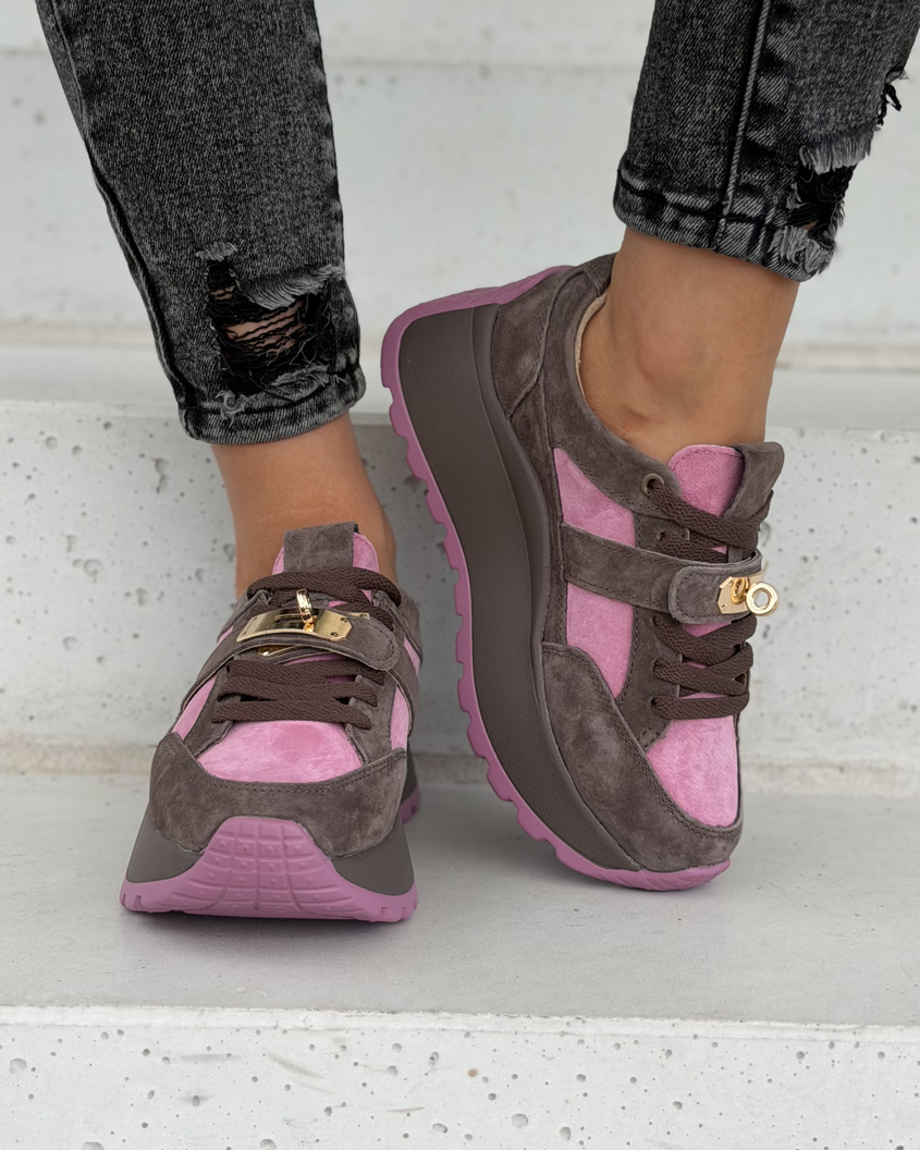 Sneakersy damskie Monéa brąz fuksja z ozdobną klamrą skóra naturalna - obrazek 3