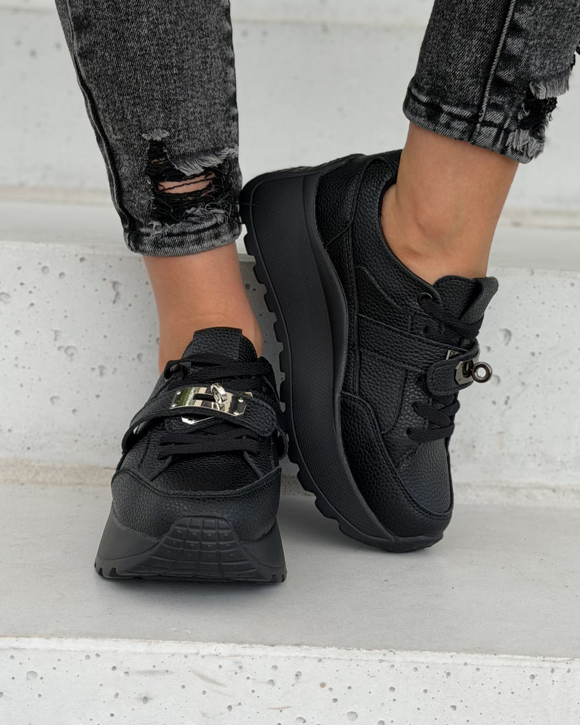 Sneakersy damskie Monéa czarne z ozdobną klamrą skóra naturalna - obrazek 3